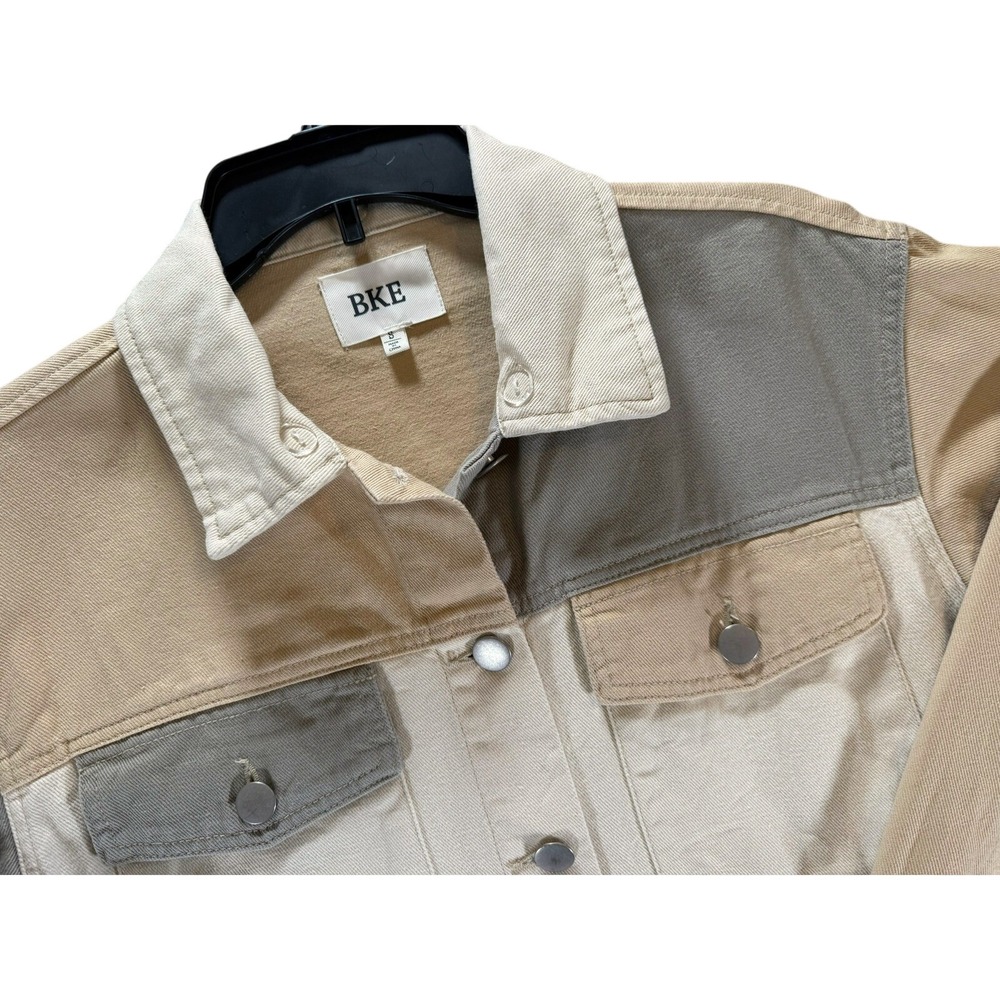 BKE Womens Colorblock Denim Trucker‎ Jacket Tan Grey Cream Cotton Size S